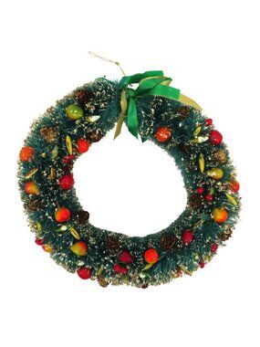 VTG Green Bottle Brush Wreath 12in Gold Flocked Multicolor Fruit Pinecone Retro